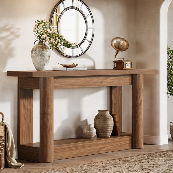 Finmind 63-inch Farmhouse Console Table, Narrow Long Sofa Console Behind the Couch, 2-Tier Entryway Table for Hallway, Living Room, Rustic Brown
