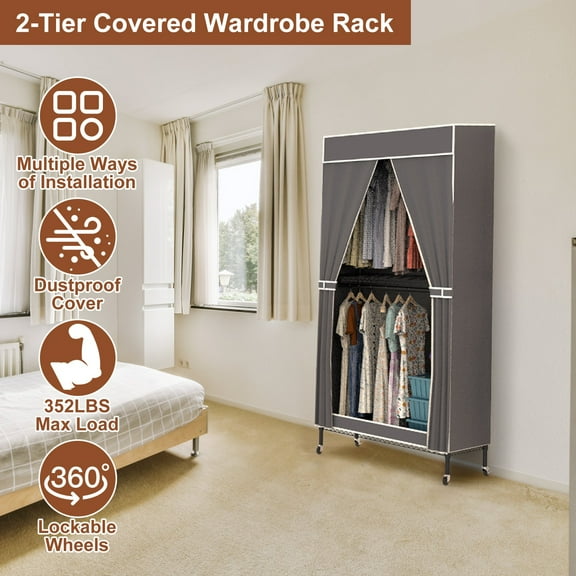 35.4"Wx17.1"Dx72.4H Heavy Duty Rolling Garment Rack with Cover Clothing Rack for Hanging Clothes Portable Closets with 2 Tier Double Rods