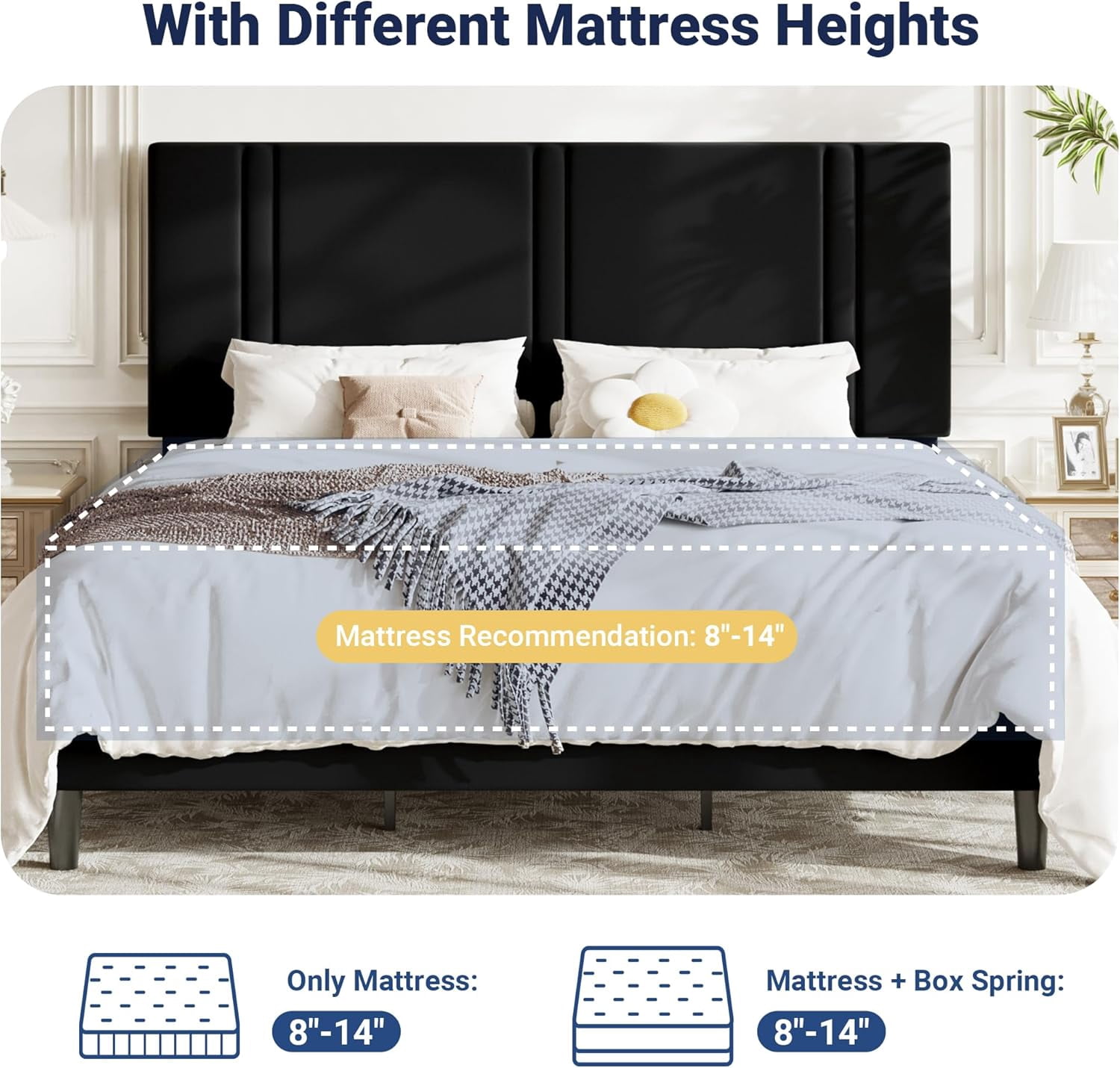 Allewie King Platform Bed Frame with Adjustable Headboard, Plush Velvet Upholstered, Vertical Channel Tufted, Sturdy Wooden Slats, No Box Spring Needed, Easy Assembly, Black