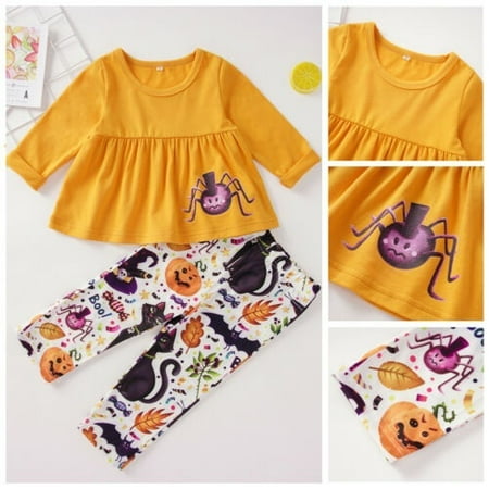 

Toddler Newborn Baby Girls Autumn Halloween Clothes Ruffle Pumpkin Tops Floral Pants Outfit Set