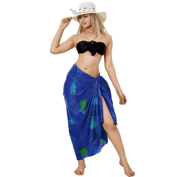HAPPY BAY Women's Wraps Summer Long Pareos Vacation Skirt Bathing Suit Cover-Up Beach Dress Bikini Sarong Swimwear for Women One Size Palm Tree, Blue