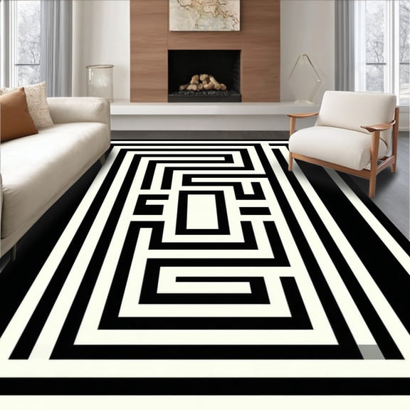 ODIKA 4'x6' Machine Washable Non-Slip Area Rug, Elegant Geometric Patterned Accent High Traffic Rug, White, 6137