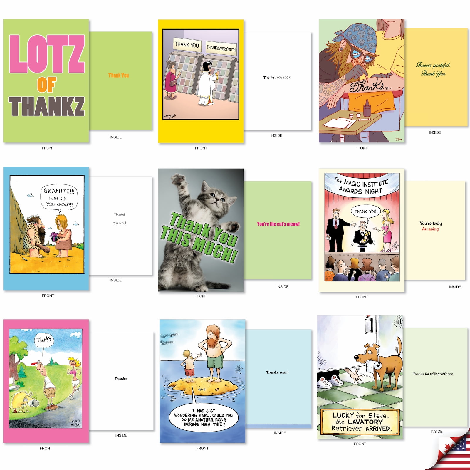 NobleWorks 36 Assorted Box Set Funny Thank You Greeting Cards w/5 x 7 Inch Envelopes (36 Designs, 1 Each) Thanks A Lot AC7738TYG-B1x36