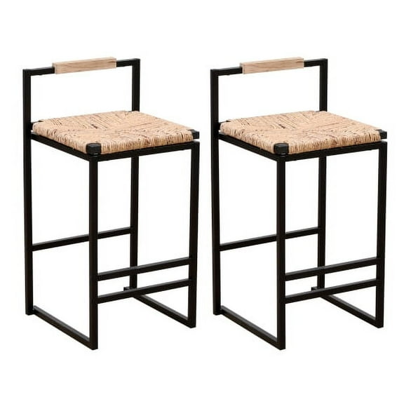 Set of 2 Water Hyacinth Woven Bar Stools with Back Support