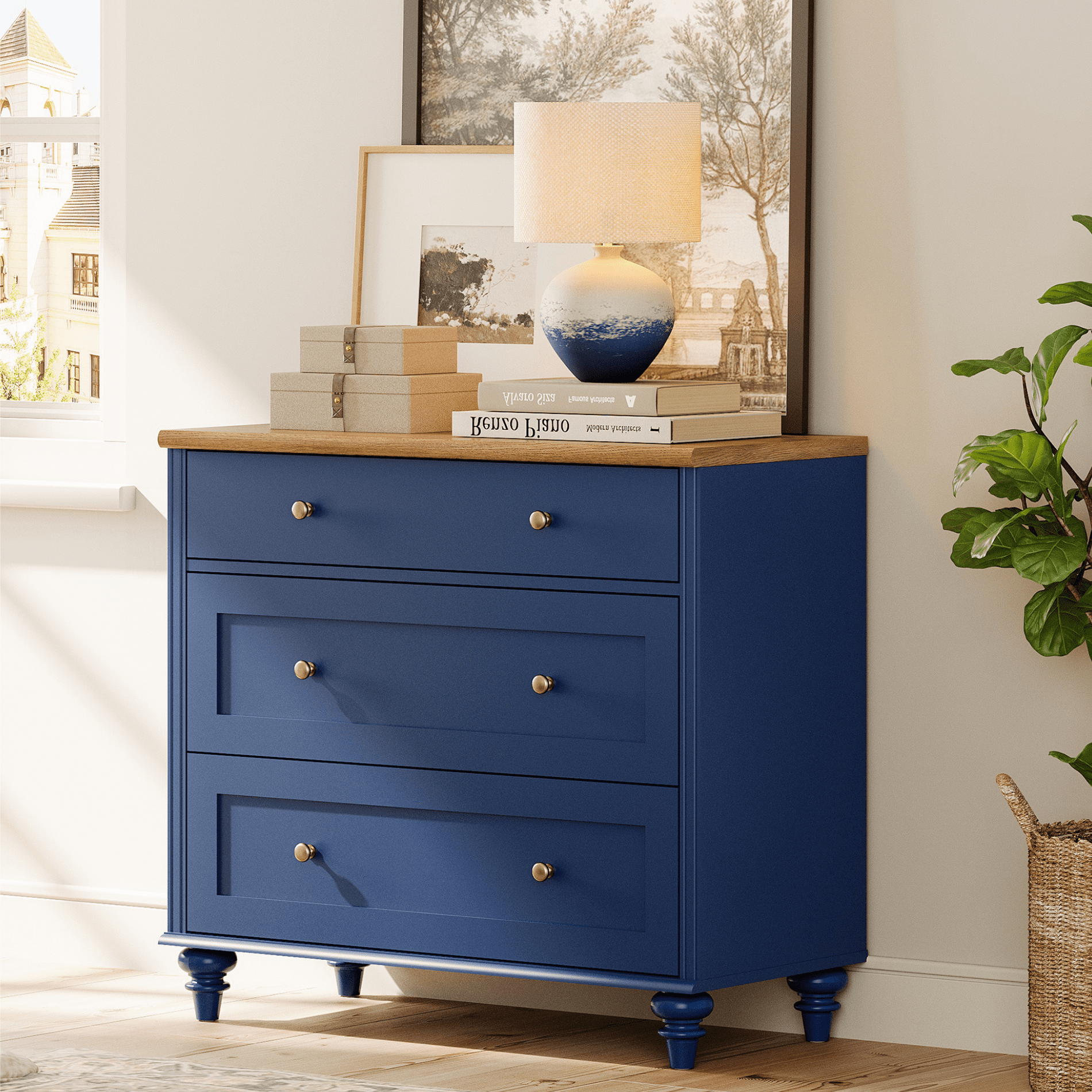 Navy Blue End Table with 3 Drawers, Large Wood Bedside Table Night Stand, Wide Sofa Side Table 3 Drawers for Living Room, Bedroom