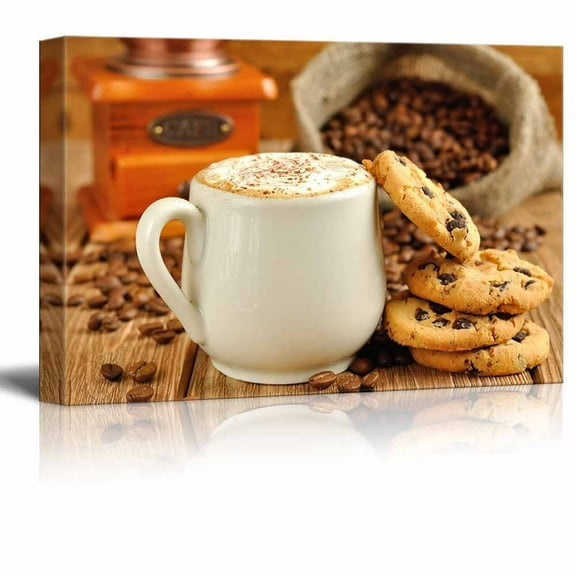 Canvas Prints Wall Art - White Coffee Cup with Foam and Biscuits/Cookies | Modern Wall Decor/Home Decoration Stretched Gallery Canvas Wrap Giclee Print & Ready to Hang - 32" x 48"