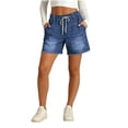 thumbnail image 2 of UDAUDU Jean Shorts for Women Drawstring Stretchy Raw Hem High Waisted Comfortable with Pockets Summer Casual Loose Fit Trendy Denim Shorts Royal Blue 3XL, 2 of 7