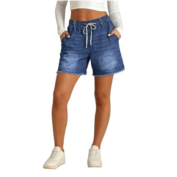 Women Drawstring Elastic Waist Denim Shorts, Loose Straight Fit Frayed Raw Hem Casual Jean Shorts 03-Royal Blue XXXL