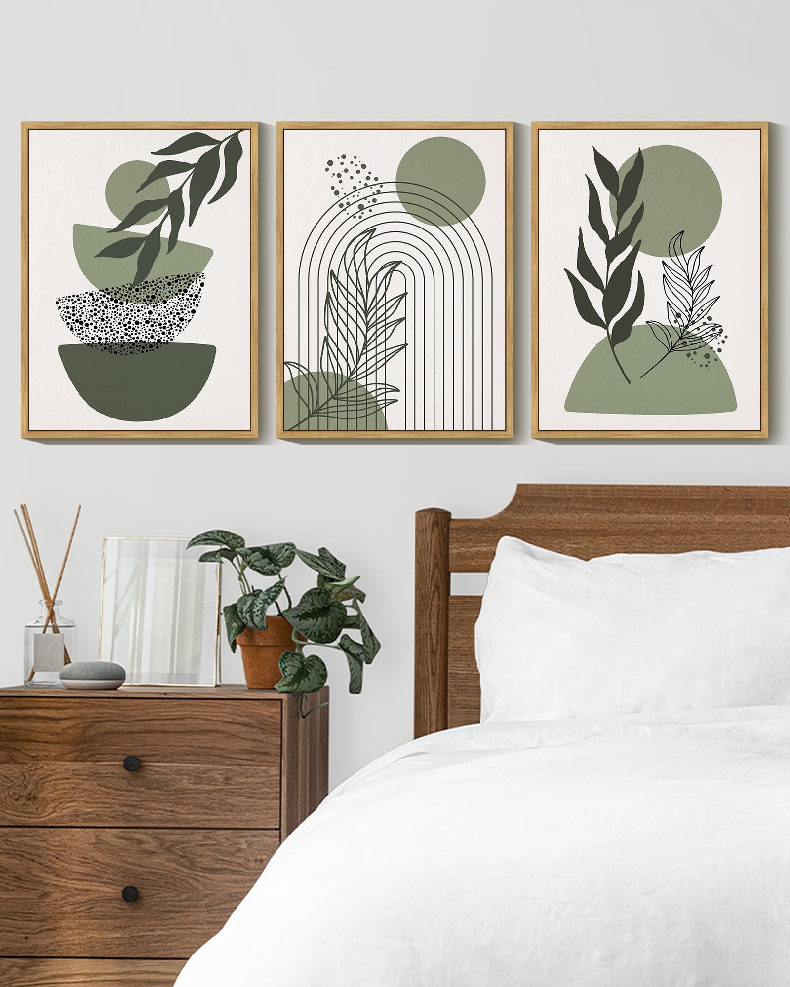 SHENIFY Green Boho Wall Art Prints Framed Wood Sage Wall Decor Mid Century Modern Abstract Geometric Artwork Natural Canvas Prints for Living Room Bedroom - 12x16in3pcs Neutral Framed