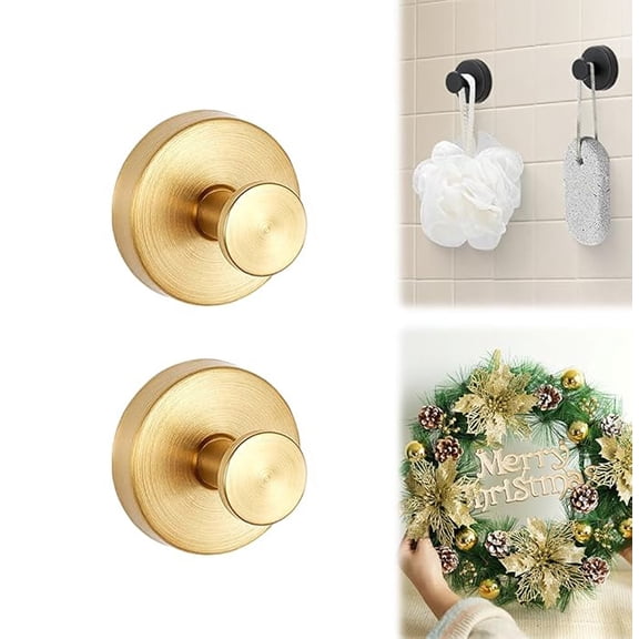 Suction Cup Hooks for Wreaths on Glass, 2026 New Model No-Drill Suction Cup Hooks, Wreath Hangers for Front Doors, Metal Towel Hooks for Showers Bathrooms Mirrors (2, Gold)
