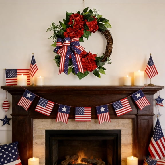 Patriotic Independence Day Door Wreath, Artificial Greenery, Flowers and Bow for Home Decor, Weather-Resistant Wreath for Indoor Outdoor Parties/Gardens, Celebrates 4th of July in Style, 24in, B