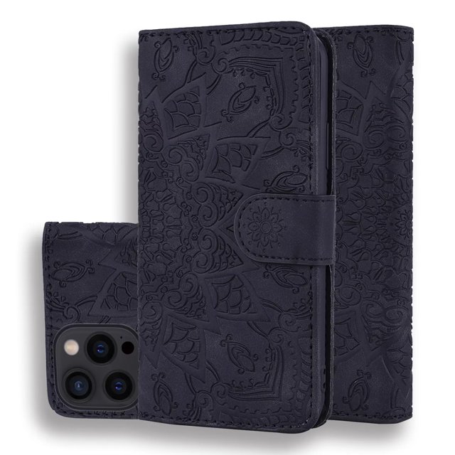 LEDEX Embossed Mandala Flip Wallet Case with Card Holder Leather Kickstand Magnetic Shockproof Cover with Credit Card Holder Stand for iPhone 14 Pro (Black)