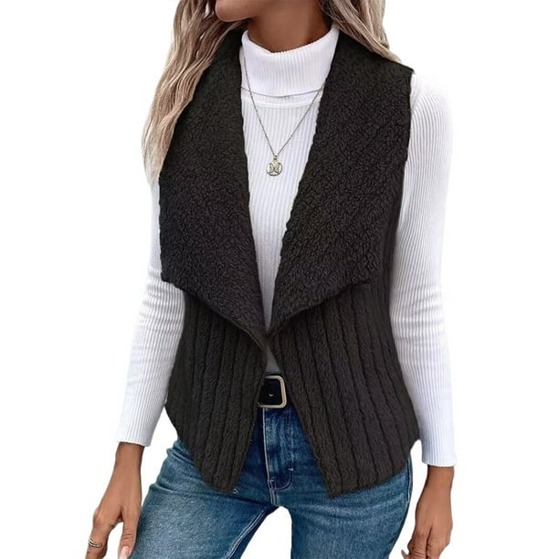 Chaleco Informal Sin Mangas de Felpa para Mujer, Otoño e Invierno, Tipo Cárdigan. Negro L