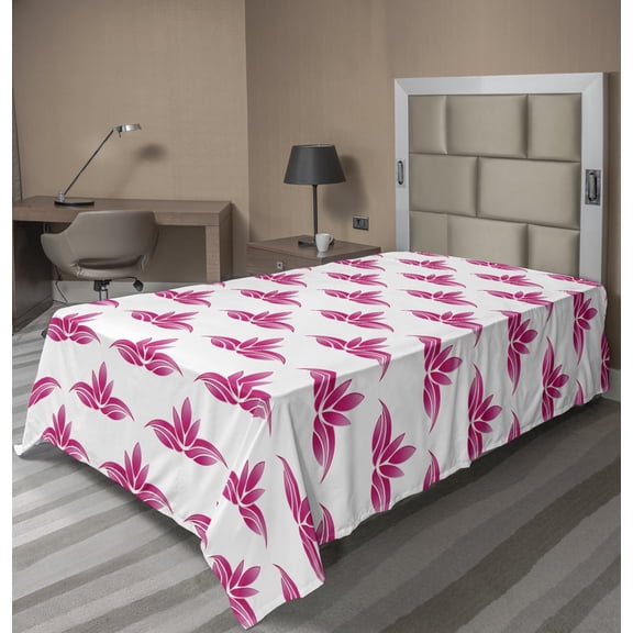 Floral Flat Sheet, Image of Silhouettes of Lotus Flowers in Continuous Pattern on Plain Background, Soft Comfortable Top Sheet Decorative Bedding 1 Piece, 6 Sizes, White Hot Pink, by Ambesonne
