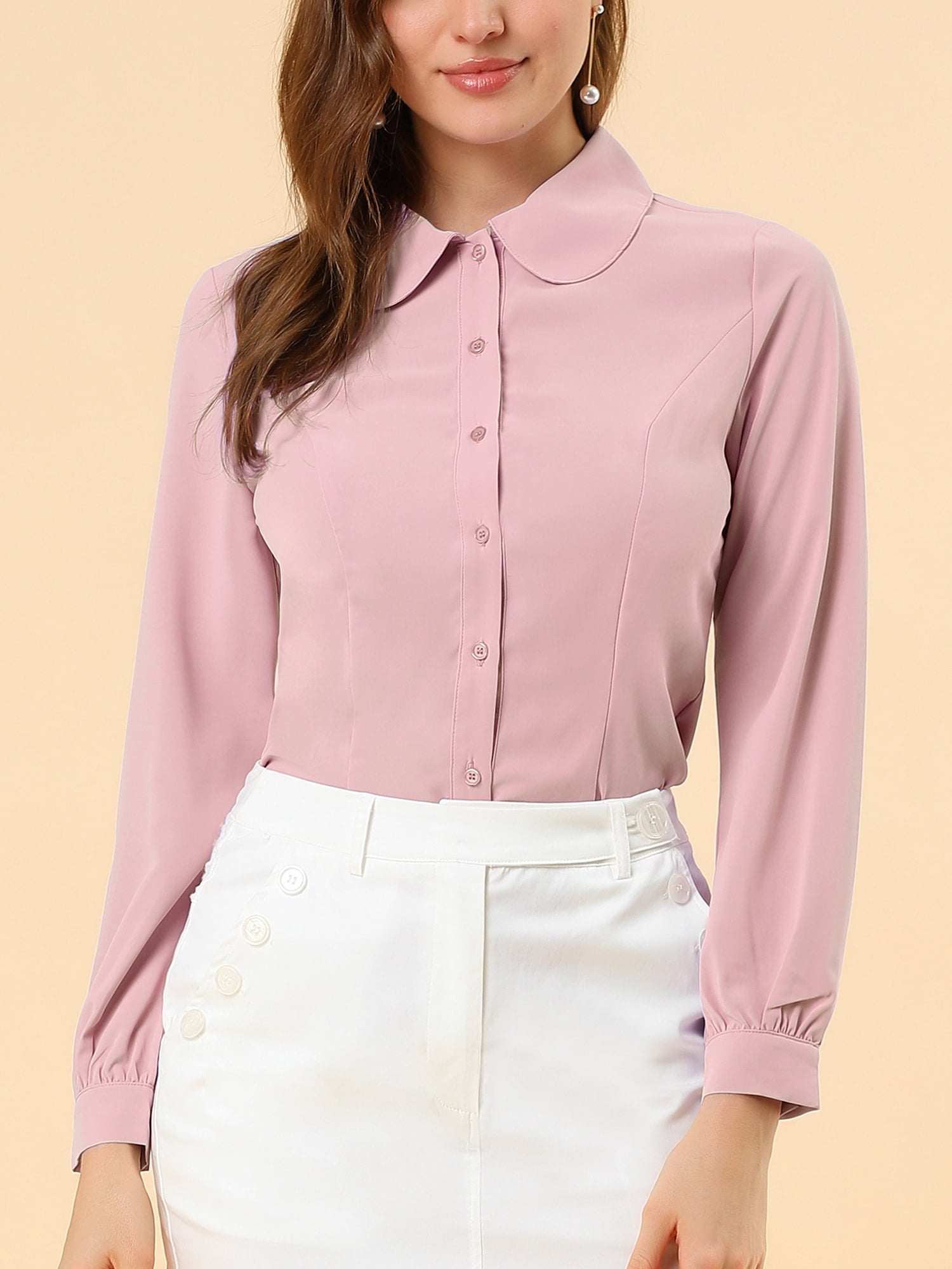 DARING DIVA Women's Peter Pan Collar Long Sleeve Button Down Work Shirts XL Pink