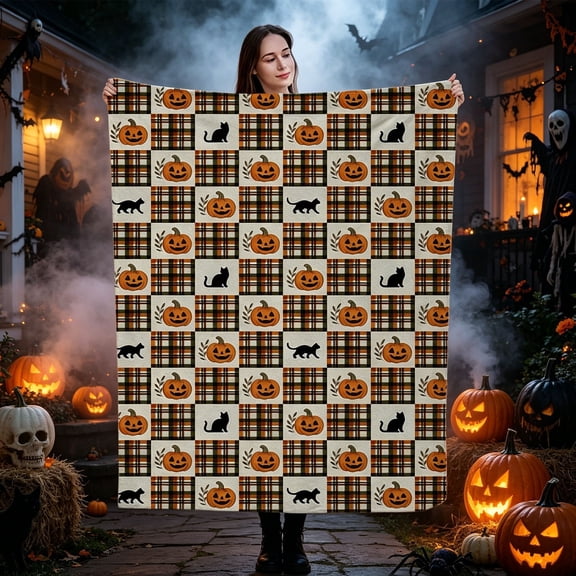 Halloween Throw Blanket Flannel Soft Cozy Lightweight Plaid Print Blanket for Couch Bed Office Travel Halloween Decor by OVFUIZ