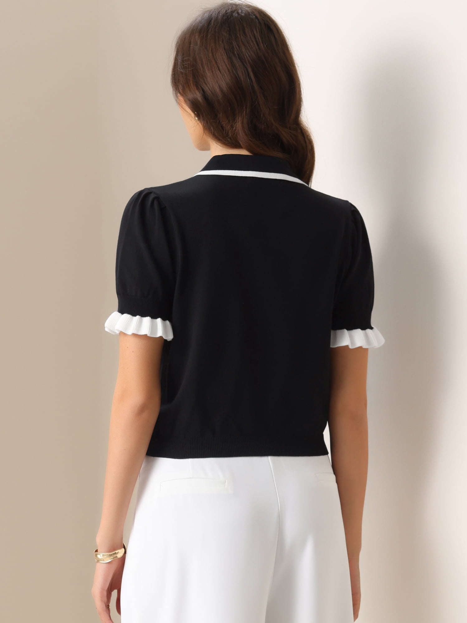 DARING DIVA Women's Elegant Short Sleeve Collared Sweater Top L Black