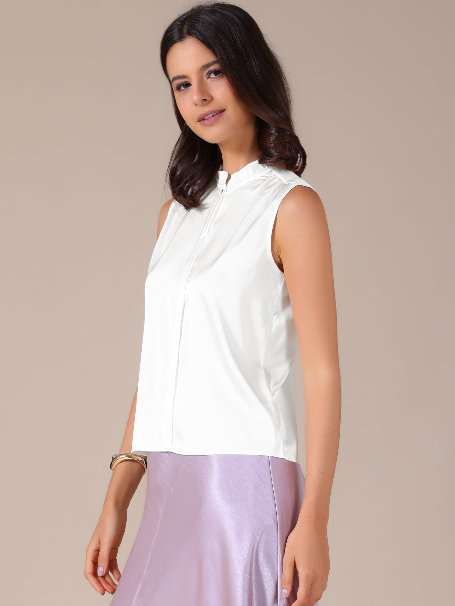 DARING DIVA Women's Satin Elegant Sleeveless One Button Office Blouse L White