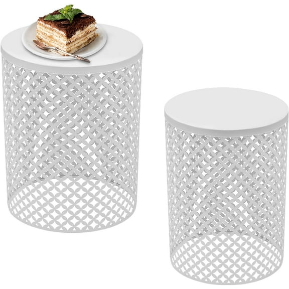 2PCS Outdoor Side Table, Heavy Duty Metal Frame Side Table Decorative Garden Stool Modern End Table Round Coffee Table for Patio Gardens Balconies Cafes (White)