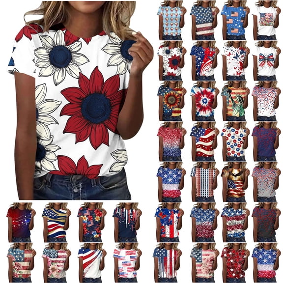NSLGXD Independence Day Holiday Shirts for Women Sun Flower Print Patriotic Graphic Tee Shirts Casual Crewneck Summer Tops S-3XL