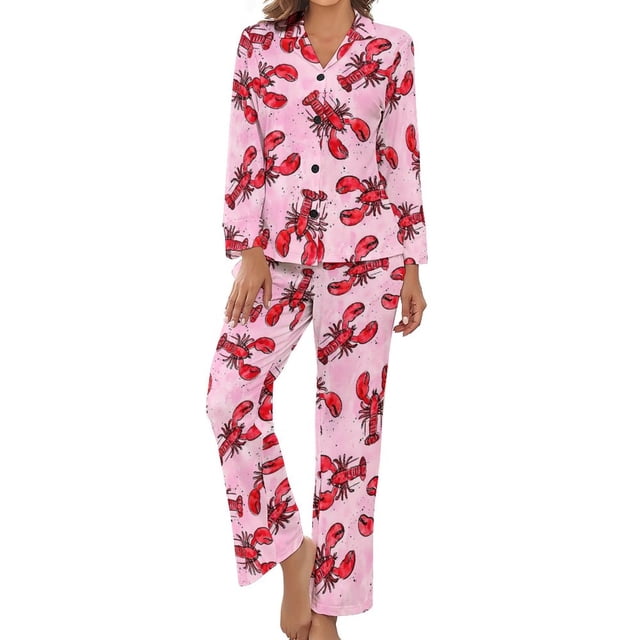 Ensembles de Pyjama pour Femmes Imprimé Homards Pyjamas Mode Rose et Bleu Vêtements de Nuit Printemps Manches Longues 2 Pcs Décontracté
