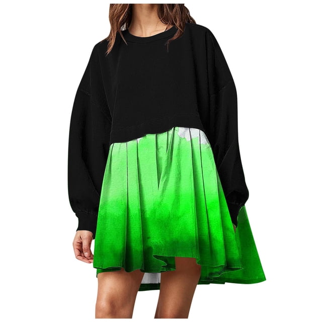 Robes de Soirée pour Femmes Robe Chandail en Molleton Surdimensionnée Patchwork Imprimé Manches Longues Col Rond Décontracté Plissée Mini Robes S-25 Vert S