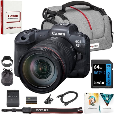 Canon 4147C013 EOS R5 Full Frame Mirrorless Camera Body + 24-105mm F4L IS USM Lens Kit Bundle with Deco Photo Camera Bag, Lexar PRO BLUE Series 64GB SDXC Memory Card and Corel Photo Video Suite