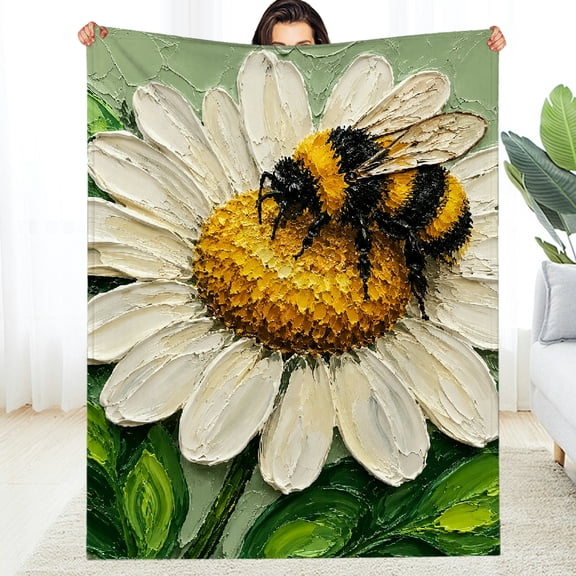 Chilfamy Decorative Blanket, Bumblebees On Daisy In Thick Paint Soft Flannel Fleece Blanket - Allergy Soft Soft Throw for Couch, Travel, Camping