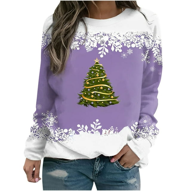 Chandails en Molleton de Noël pour Femmes Plus T-shirt d'Hiver Imprimé Ample pour Femmes à Manches Longues Blouse Col Rond Hauts Décontractés Chandail en Molleton Col Rond pour Femmes en Liquidation
