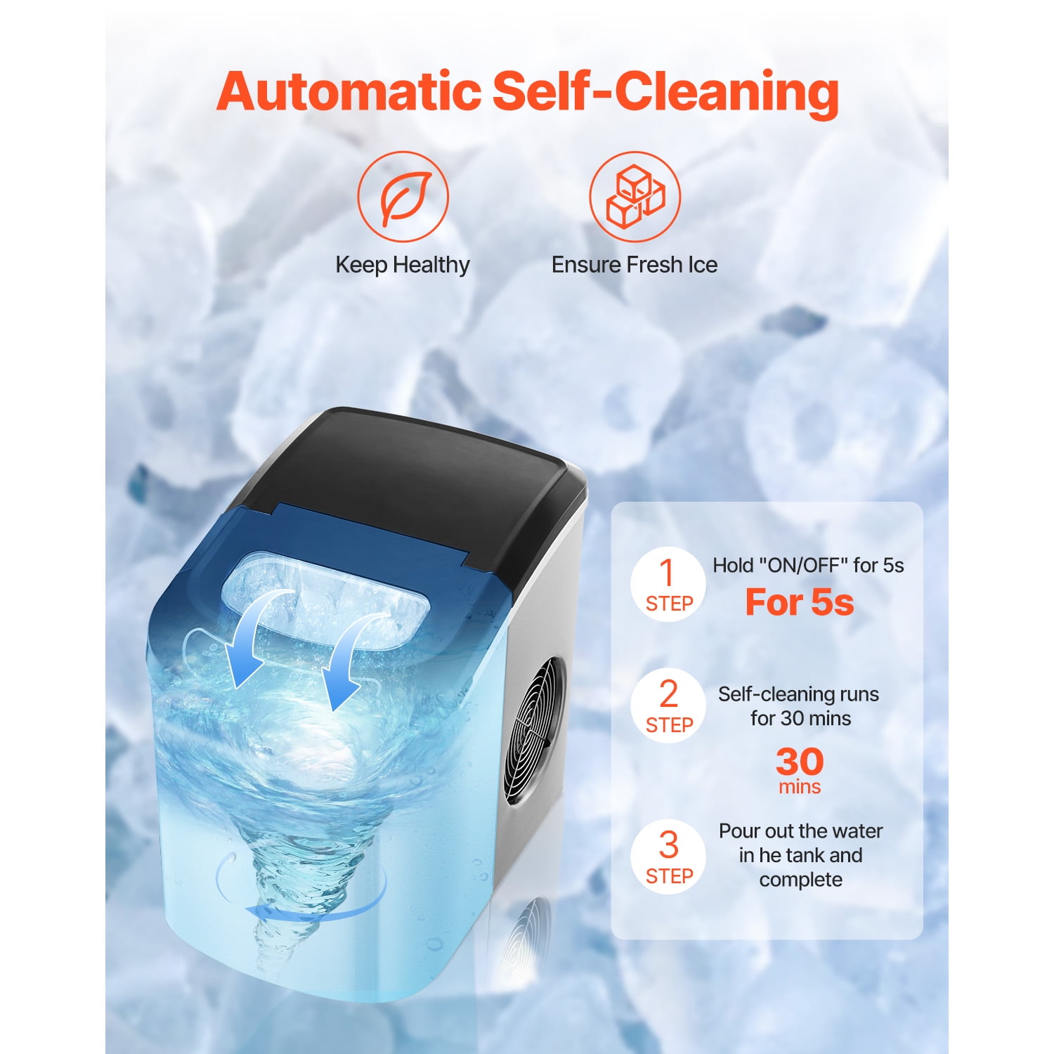 KFFKFF 33lbs/DAY Countertop Ice Maker Self-Cleaning 9 Ice Pieces in 6 Minutes Ice Maker with Ice Scoop and Basket 2 Sizes Bullet Ice