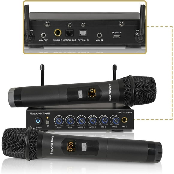Sound Town Système de Mélangeur Karaoké avec Microphone Sans Fil à 100 Canaux et 2 Microphones Portatifs en Métal, Optique (Toslink), AUX, pour Télé Intelligente, Cinéma Maison, Barre de Son (SWM16-2MEGA)