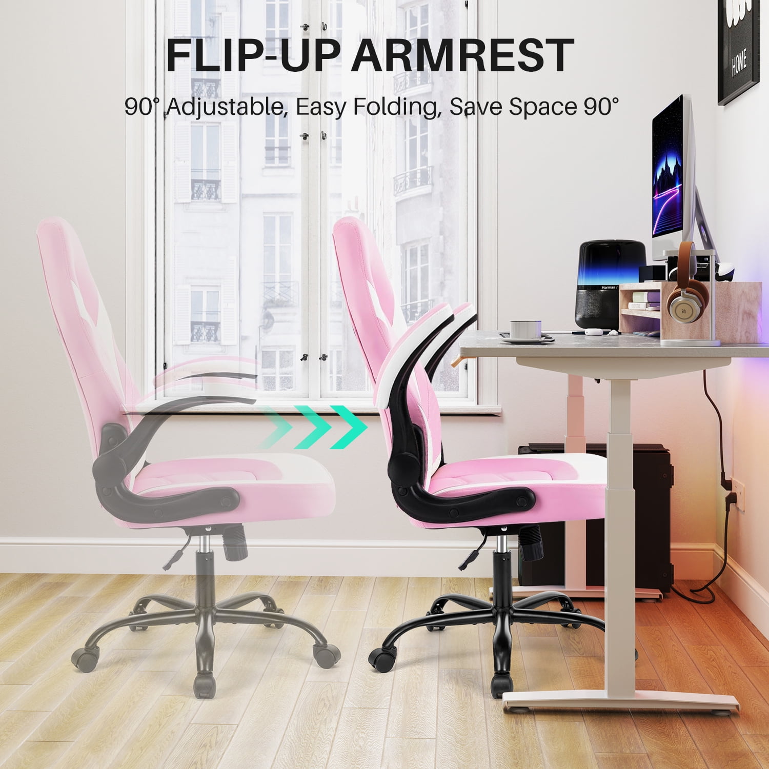 Bigleap Gaming Chair, Ergonomic Office Leather Racing Chair with Flip-up Armrest, White Pink