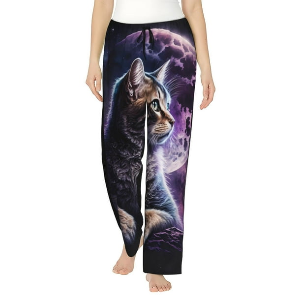 Balery Purple Moon Cat Pantalones de pijama para mujer, pijamas ultraligeros, pantalones de estar por casa-XX-Large