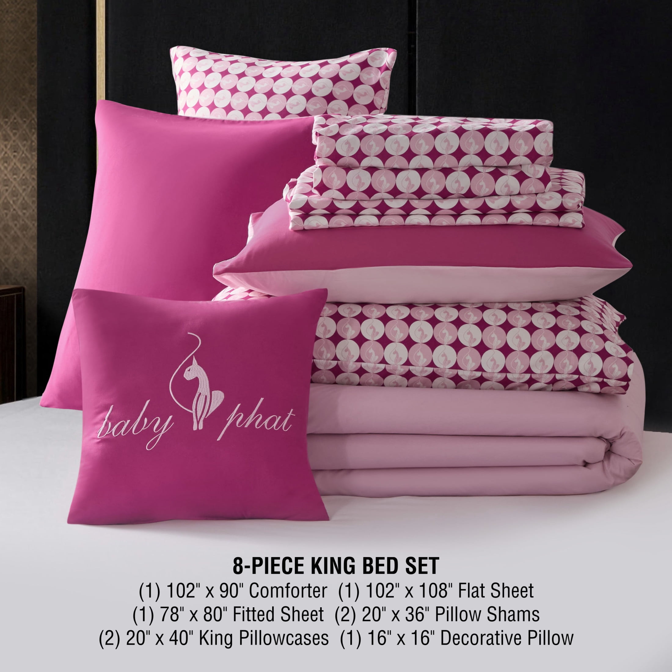 Baby Phat Circles Solid 8-Piece Reversible Comforter Bed in a Bag, Pink, King
