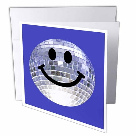 3dRose Silver Disco Ball Smiley Face - seventies 70s style Discoball Dance hall diva - on Blue background, Greeting Cards, 6 x 6 inches, set of 12
