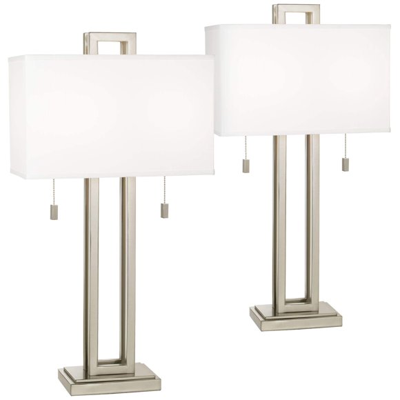 Possini Euro Design Gossard 30" Tall Rectangle Large Modern End Table Lamps Set of 2 Pull Chain Silver Brushed Nickel Finish Metal White Shade Living Room Bedroom Bedside Nightstand House Office