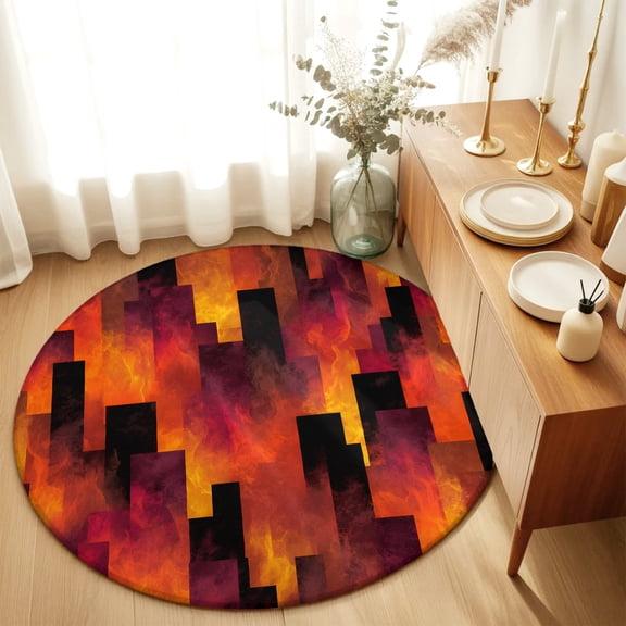Round Rugs 6Ft, Abstract Vertical Blocks Round Area Rug Washable Indoor Throw Carpet, Orange Black Color Gradient Ombre Soft Non Slip Circle Rug for Office Cabinet Home Decor Aesthetic