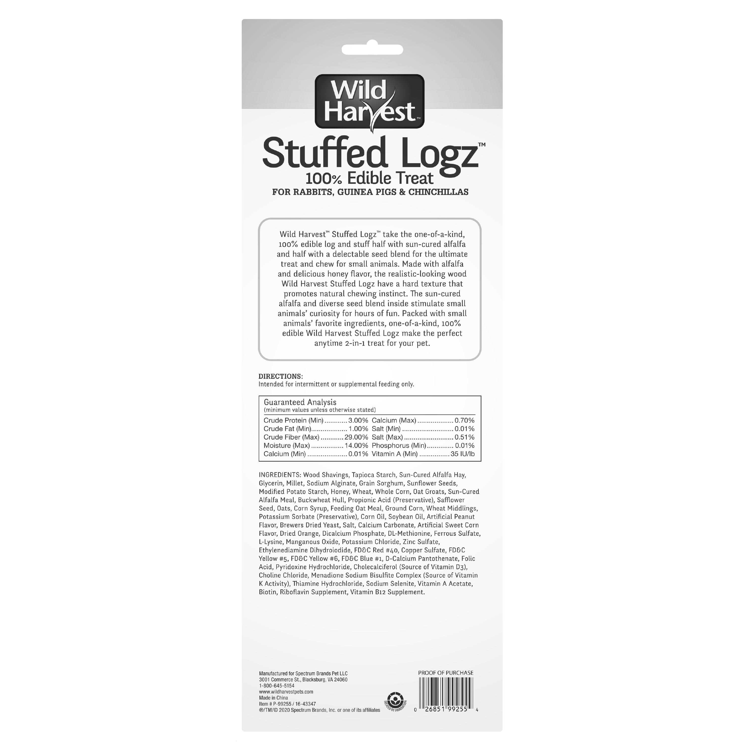 Wild Harvest Stuffed Logz 1 Count, Edible Treat For Rabbits, Guinea Pigs And Chinchillas, Artificial Peanut Butter Flavor