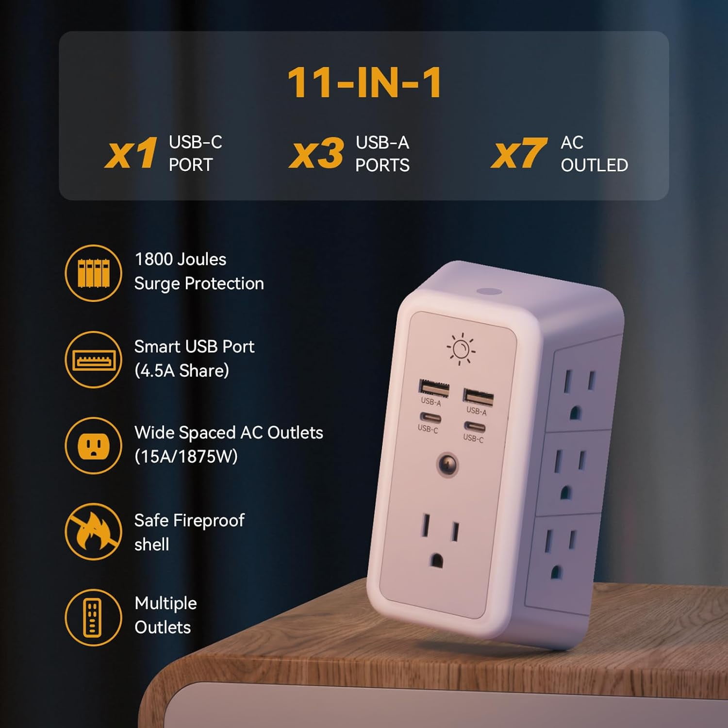 Multi Plug Outlet, USB Wall Char r, Sur Protector, 7 Outlet Extender with 4 USB Charging Ports (2 USB C) 1680J Power Strips Outlets with Night Light, Wall Plug Adapter Spaced for Home Travel Office