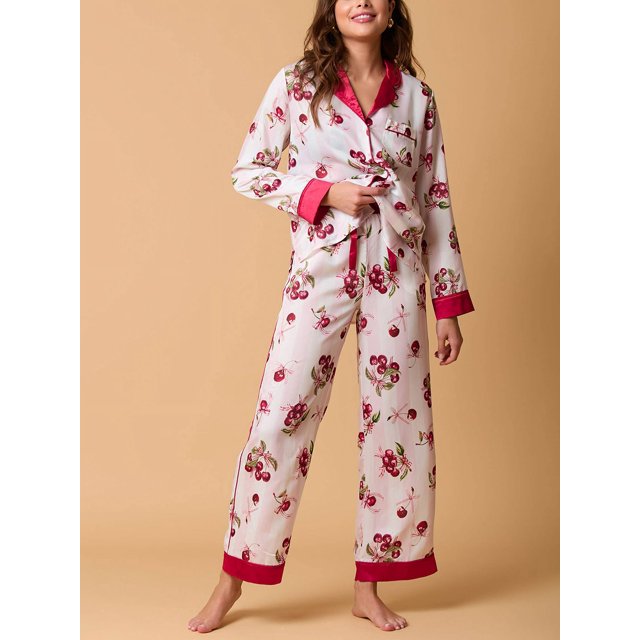 Conjunto de pijama navideño para mujer, con estampado de pasteles, cerezas y copas de cóctel, camisas de manga larga, tops y pantalones, 2 piezas, ropa de estar por casa