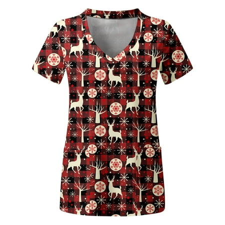 

TAIAOJING Women Scrubs Top Workwear Plus Size Top V Neck Short Sleeved Pockets Printed T Shirt