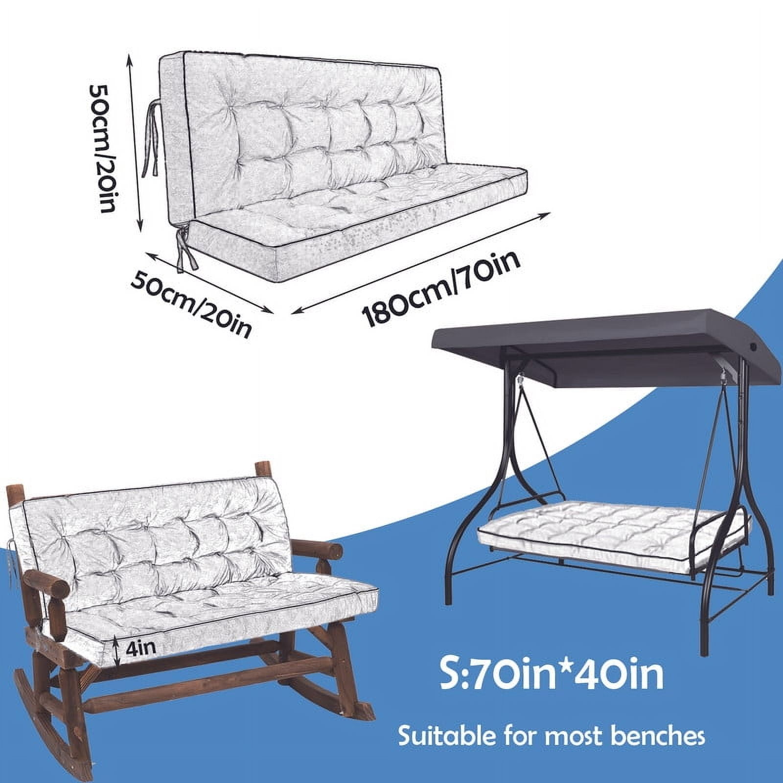 Porch Swing Cushions, Swing Cushions 3 Seater Replacement with Backrest, Thicken 4" Waterproof Bench Pad Cushions, Outdoor Loveseat Cushions Non-Slip Chairs Pad (Brown)