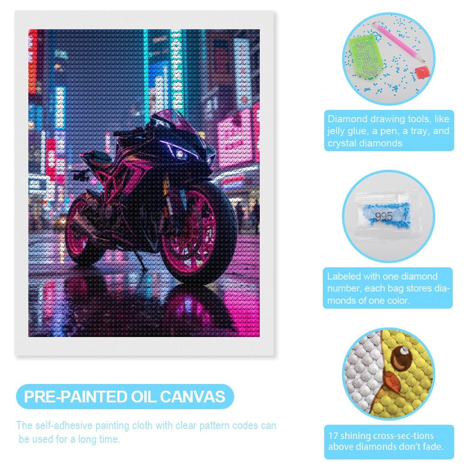 Diamond Art Kits for Adults, Motorcycle Neon Urban Night City 5D Diamond Painting Kits for Adults Beginners, DIY Full Drill Diamond Painting, Gem Art and Crafts 12x16