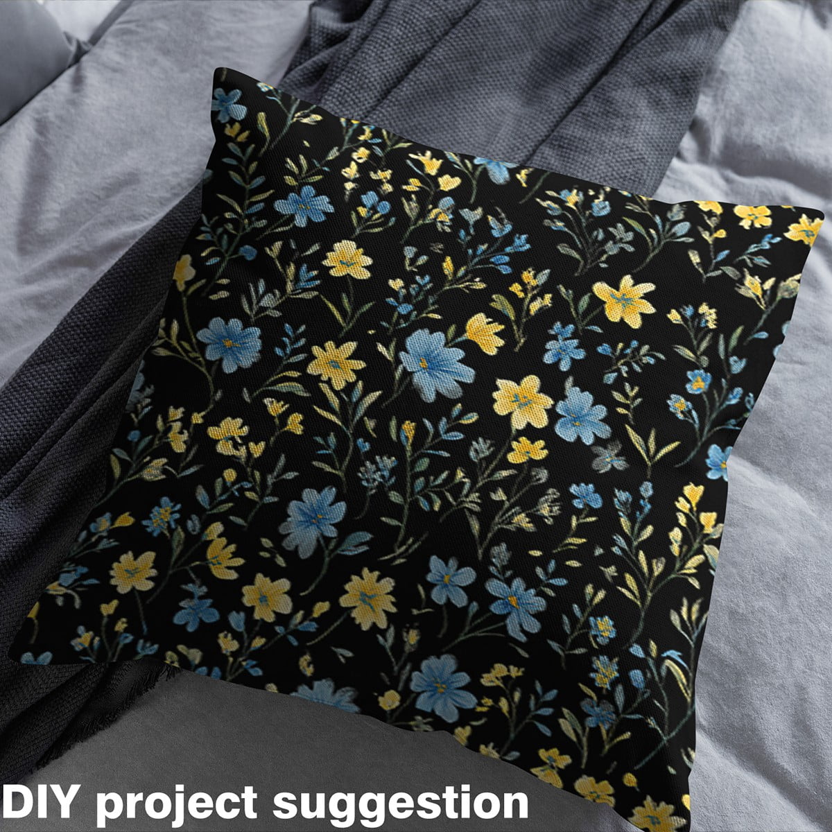 jejeloiu Blue Yellow Flower Fabric by the Yard 1 Yard, Spring Garden Blossoms Home Decor Fabric by the Yard, Botanical Floral Leaves Room Decor Fabric by the Yard, Black Green