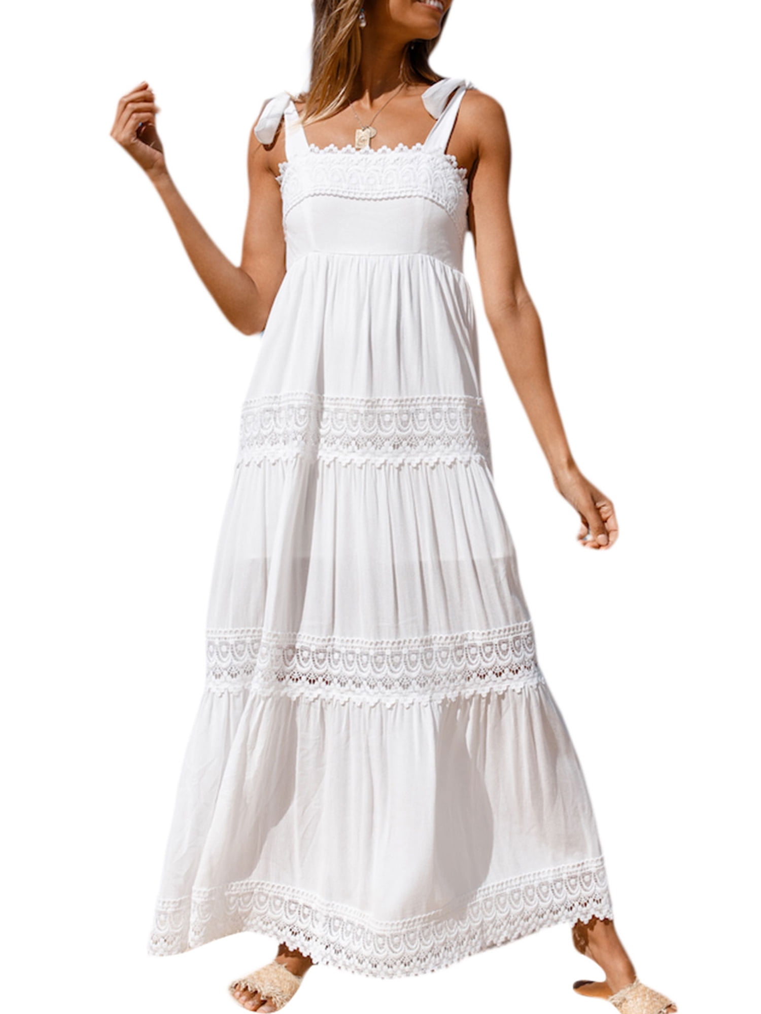 TFFR Women Maxi Dresses Summer Tie Square Neck Lace Splicing Smocked Tiered Long Dress Beach Sundress (Small, White) - Walmart.com