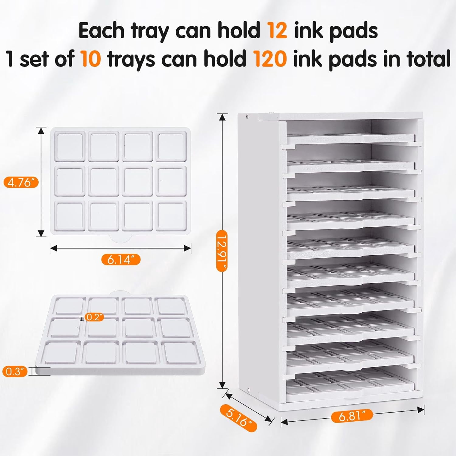 Ink Pad Trays Organizer Rack 10 Slots Ink Pad Storage Mini Size Stamp Ink Pad Storage Organizer Pad Storage Rack with 10 Tray, 1 Tray Holds 12 Inkpad, All of 10 Trays Holds 120