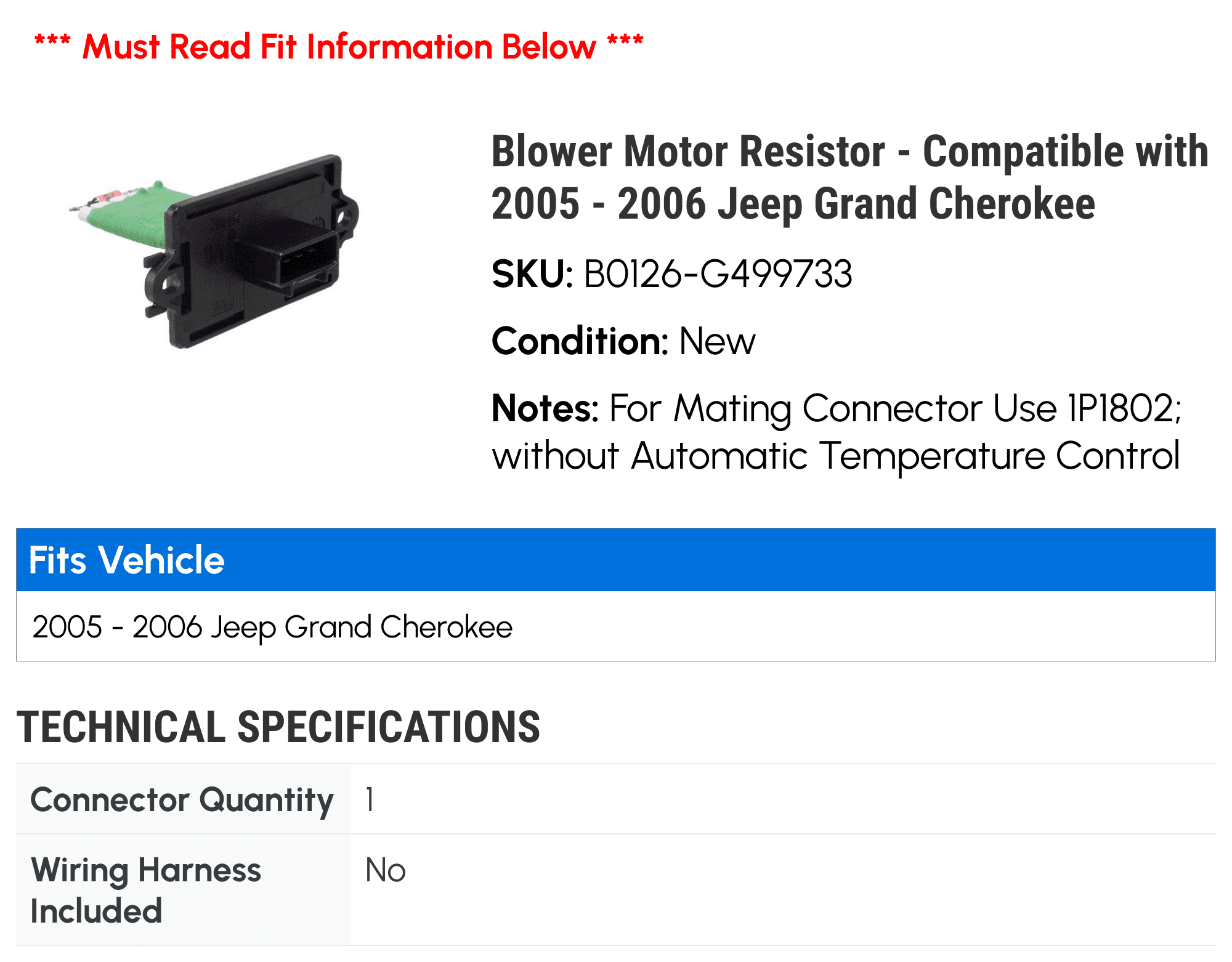 Blower Motor Resistor - Compatible with 2005 - 2006 Jeep Grand Cherokee