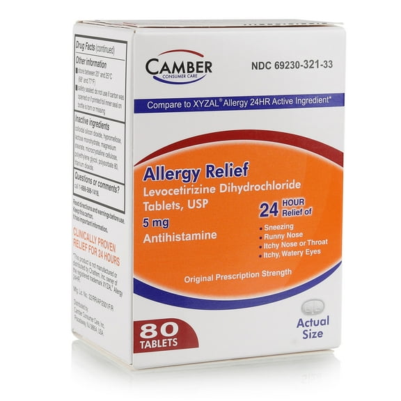 Camber Levocetirizine Dihydrochloride 5mg Antihistamine Tablets, Compare to Xyzal Active Ingredient, Allergy Relief Medicine (80 Count)