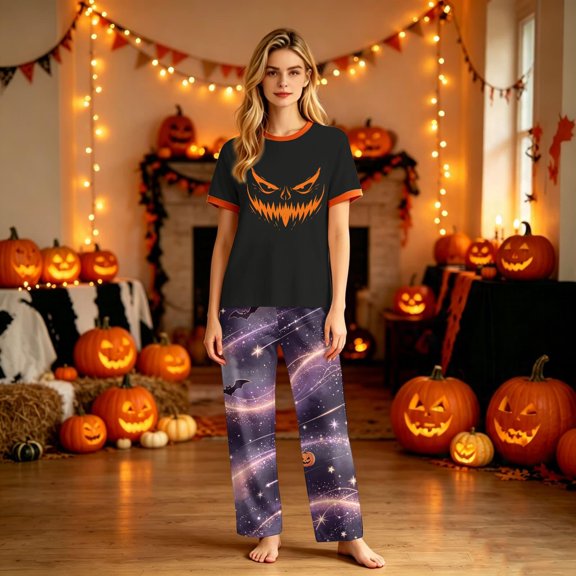 Halloween Themed Family Sleepwear Short Sleeve Spooky Face Top Galaxy Bat Print Long Pants Matching Pajamas