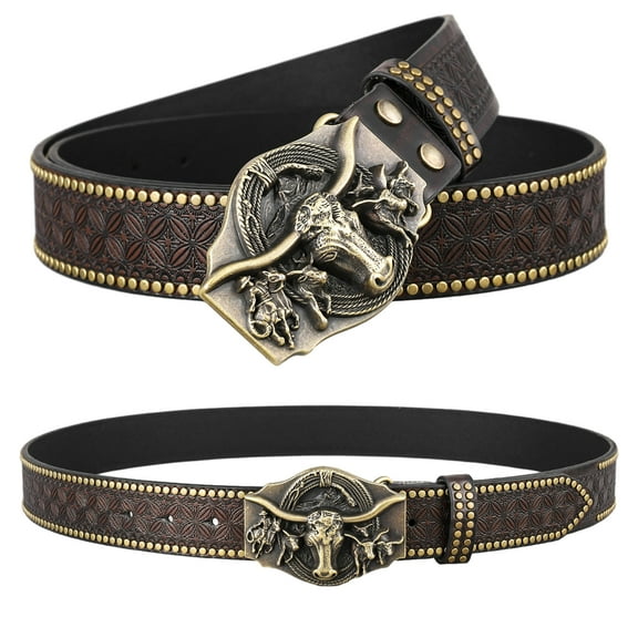 Western Belt for Women Men Cowboy Cowgirls Carving PU Leather Country Belts Bullhead Buckles Adjustable Waistband